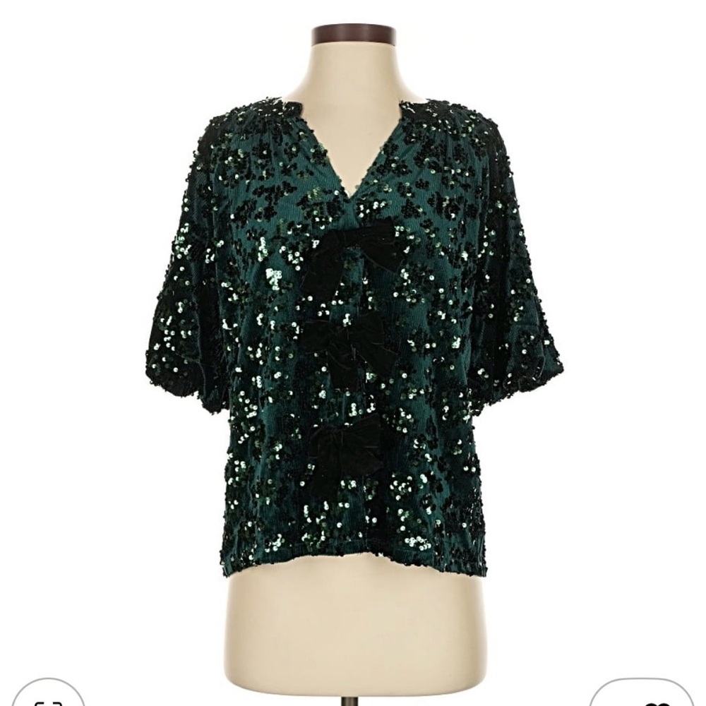 THML Green Sequin Bow Front Top Sz Small S